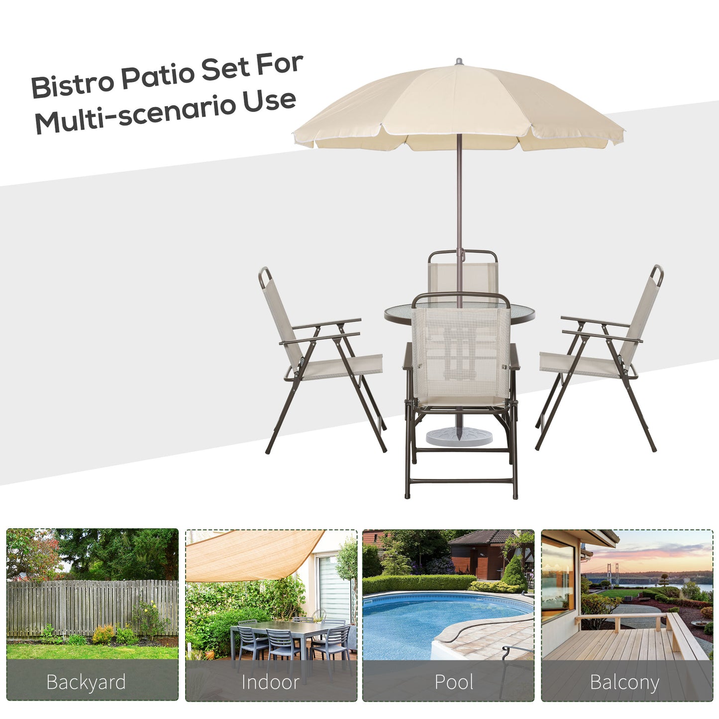 Jattare 4 Seater Metal and Mesh Cream Garden Dining Set With Parasol Folding Chairs And Glass Table