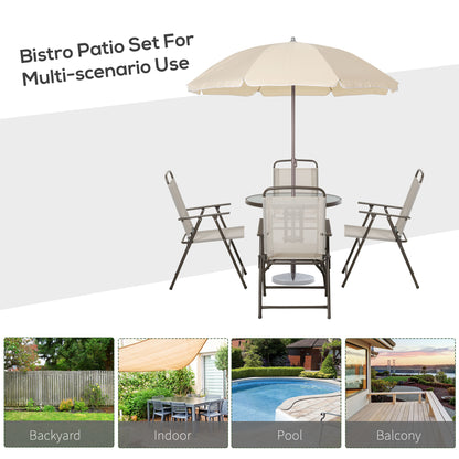 Jattare 4 Seater Metal and Mesh Cream Garden Dining Set With Parasol Folding Chairs And Glass Table