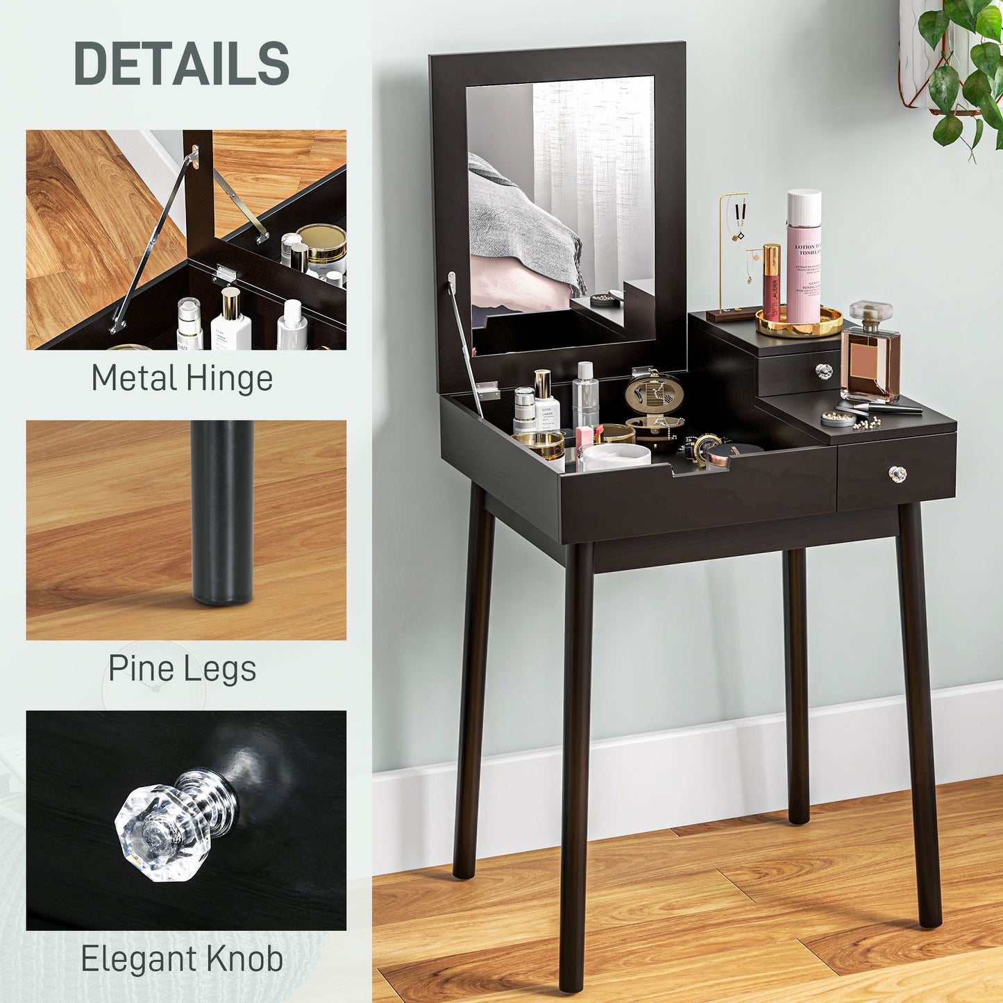 Sinotti Black Dressing Table With Flip Up Mirror 2 Drawers And Wood Legs