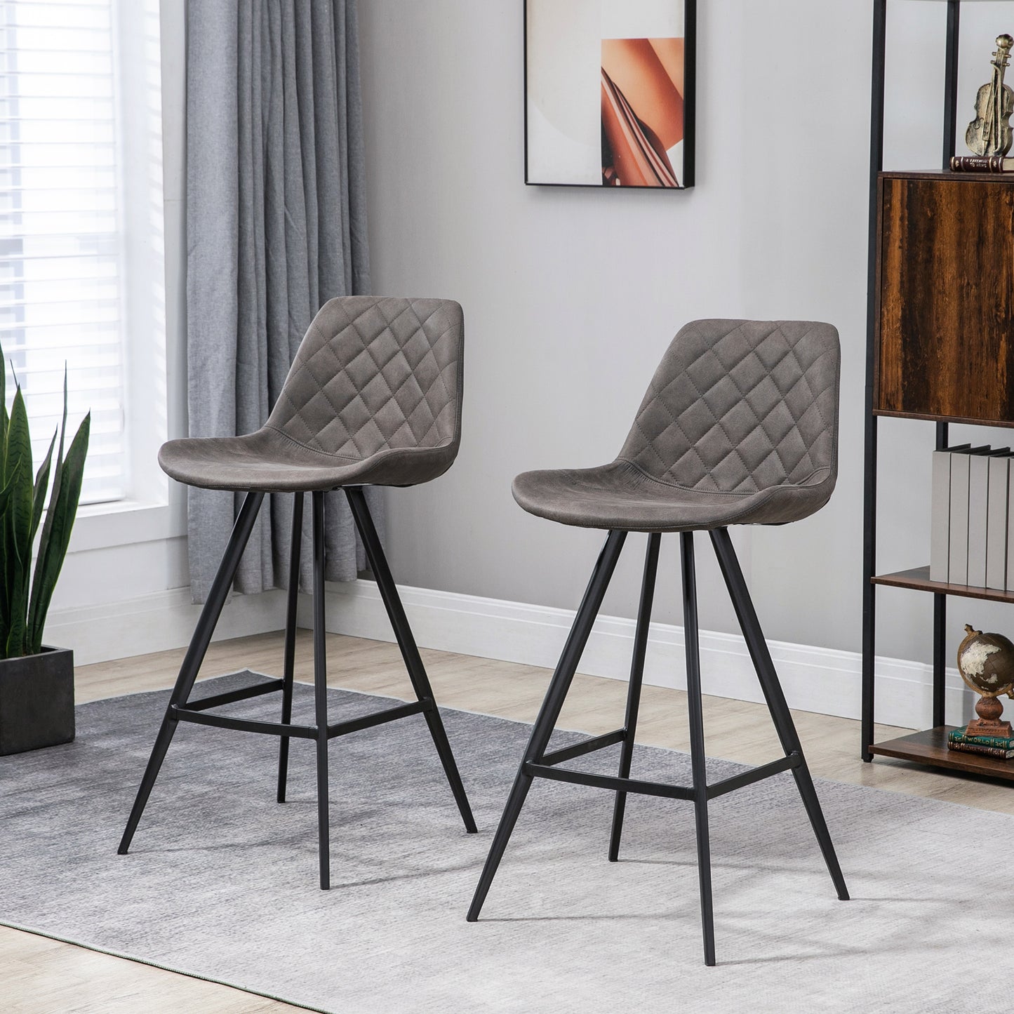 Vimivevi Microfiber Dark Grey Quilted Tub Bar Chairs Set Of 2 With Padded Seat And Footrest