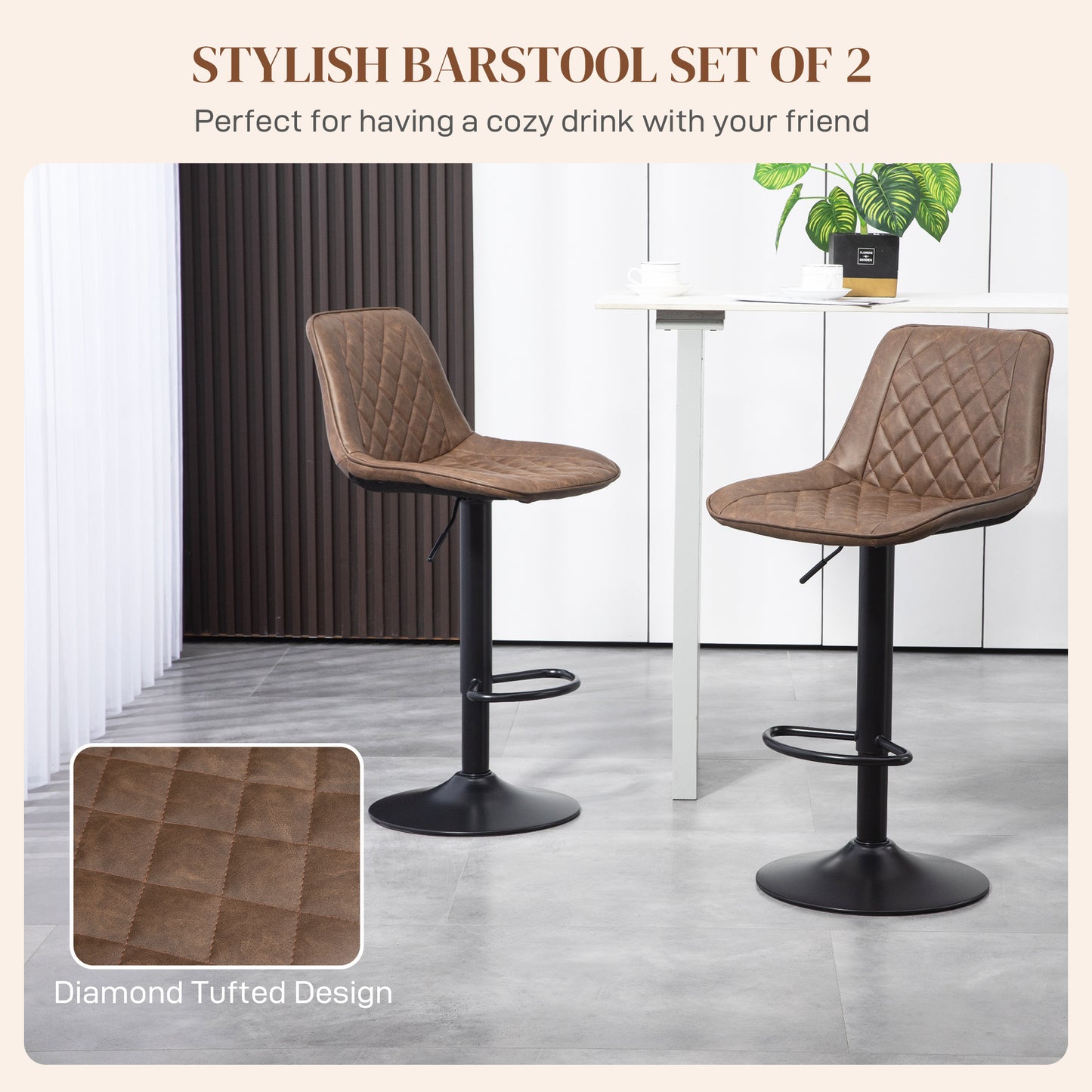 Tadilu Faux Leather Brown Adjustable Retro Bar Stools Set Of 2 With Swivel Seats
