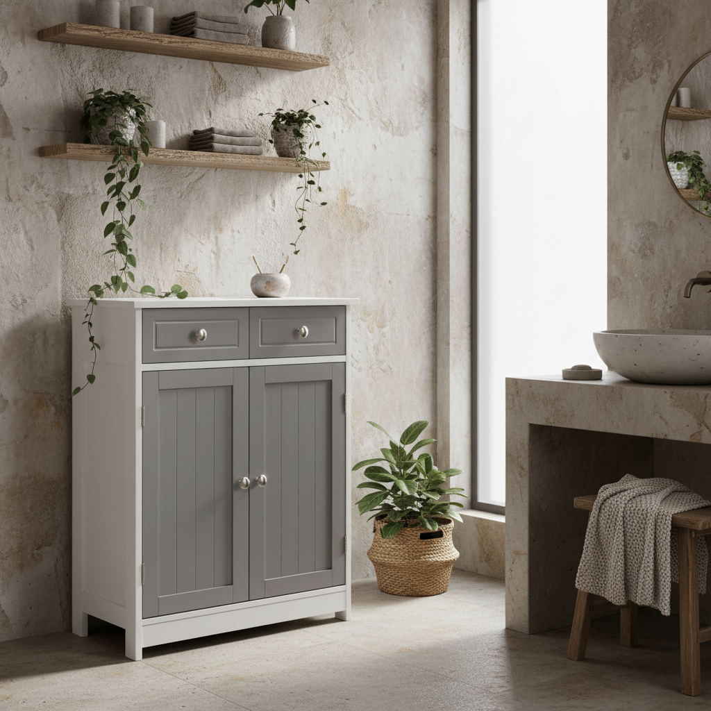 Lufili Freestanding Bathroom Storage Unit With 2 Drawers And Cupboard Traditional Style Grey And White