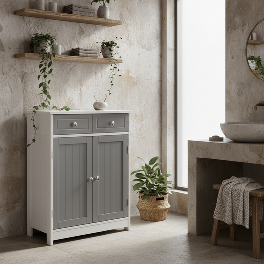 Lufili Freestanding Bathroom Storage Unit With 2 Drawers And Cupboard Traditional Style Grey And White