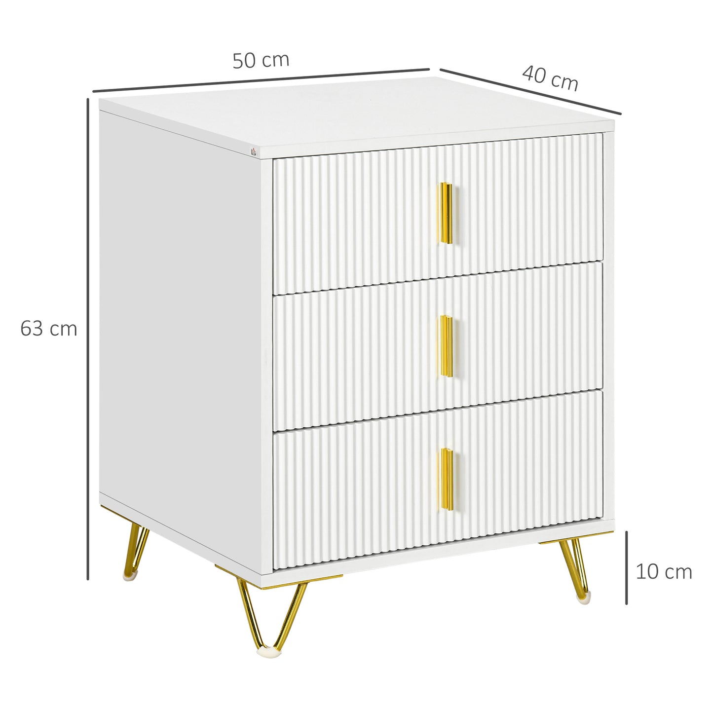 Tempette Wood White And Gold Tone Elegant 3 Ribbed Drawer Storage Chest