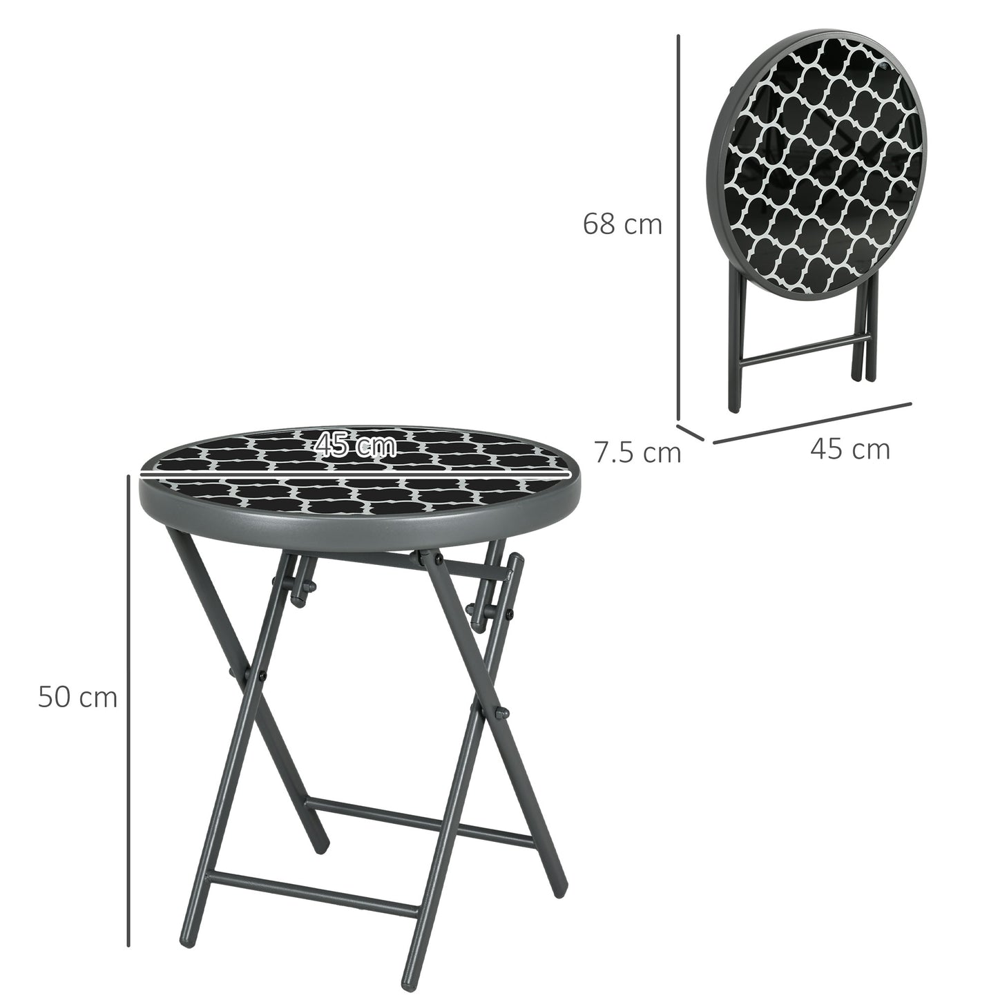 Mikale Metal And Glass Black And White Folding Outdoor Side Table 45cm With Marble Effect Top