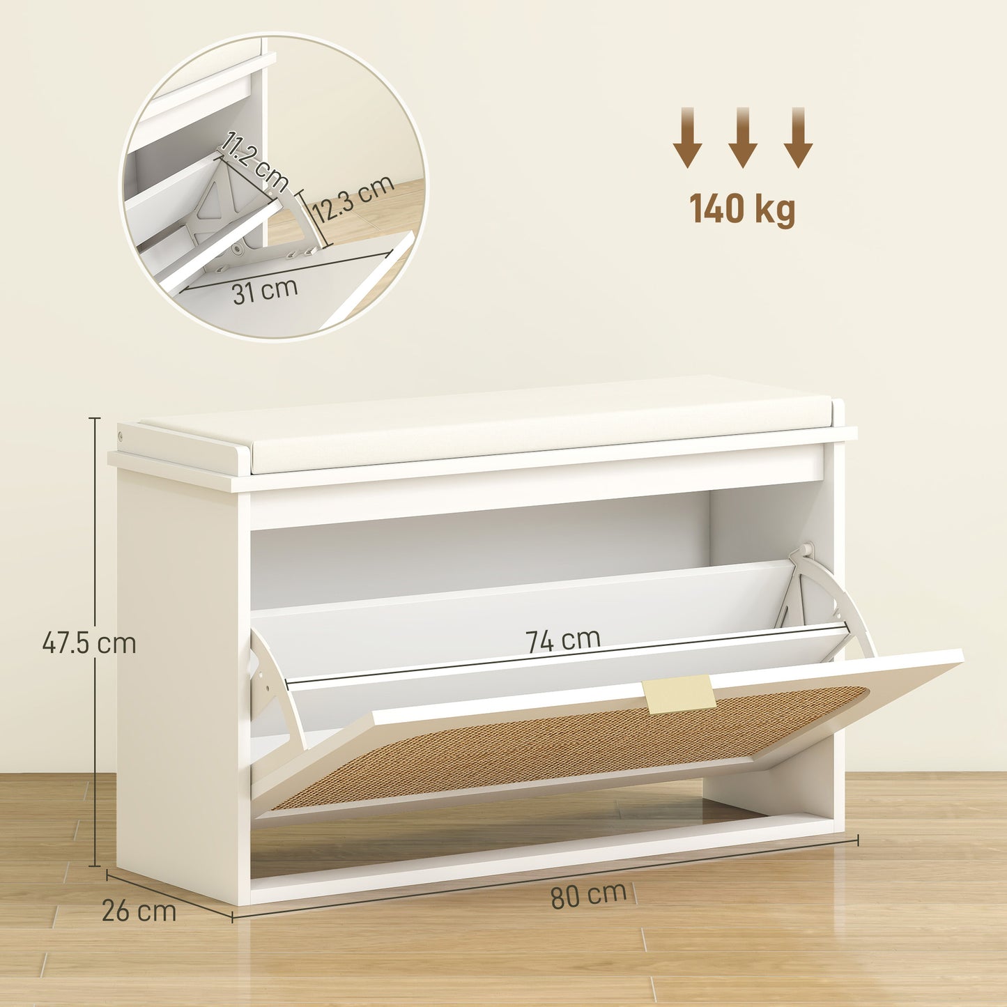 Kekami Wooden White Boho Style Shoe Bench With Cushioned Seat And Flip Drawer