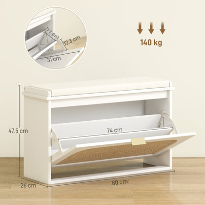 Kekami Wooden White Boho Style Shoe Bench With Cushioned Seat And Flip Drawer