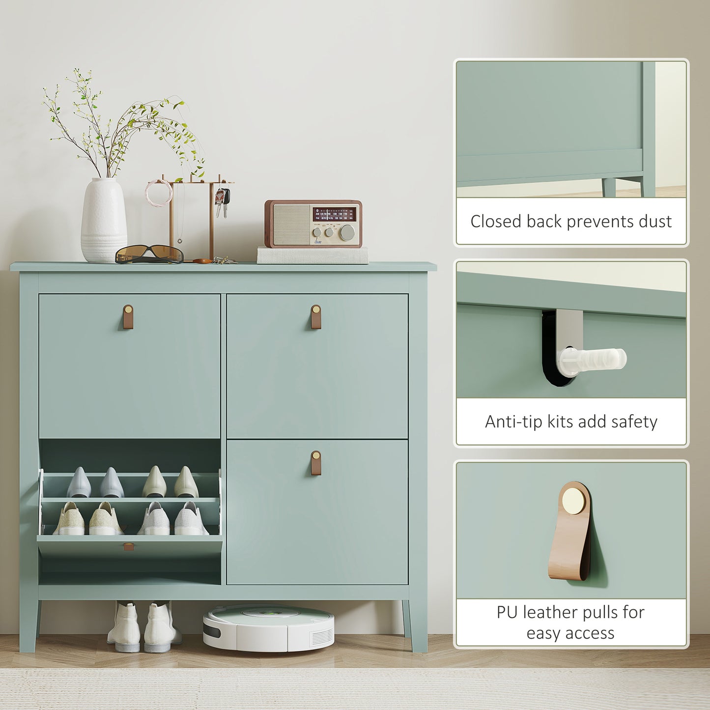 Margarita Wooden Mint Green 4 Drawer Shoe Cabinet Faux Leather Handles