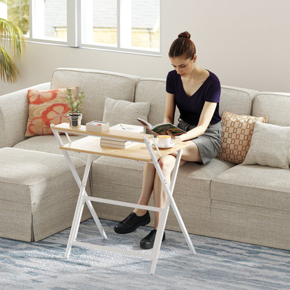 Veeldi 70cm Small Wooden Natural Folding Desk With Raised Monitor Shelf