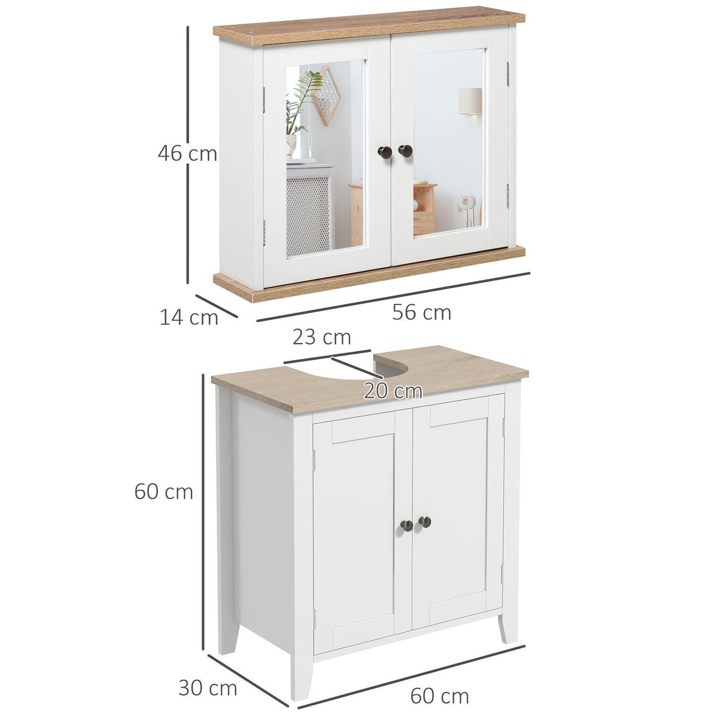 Lumo Bathroom Furniture Set With Wall Mirror Cabinet And Sink Storage White And Wood Grain