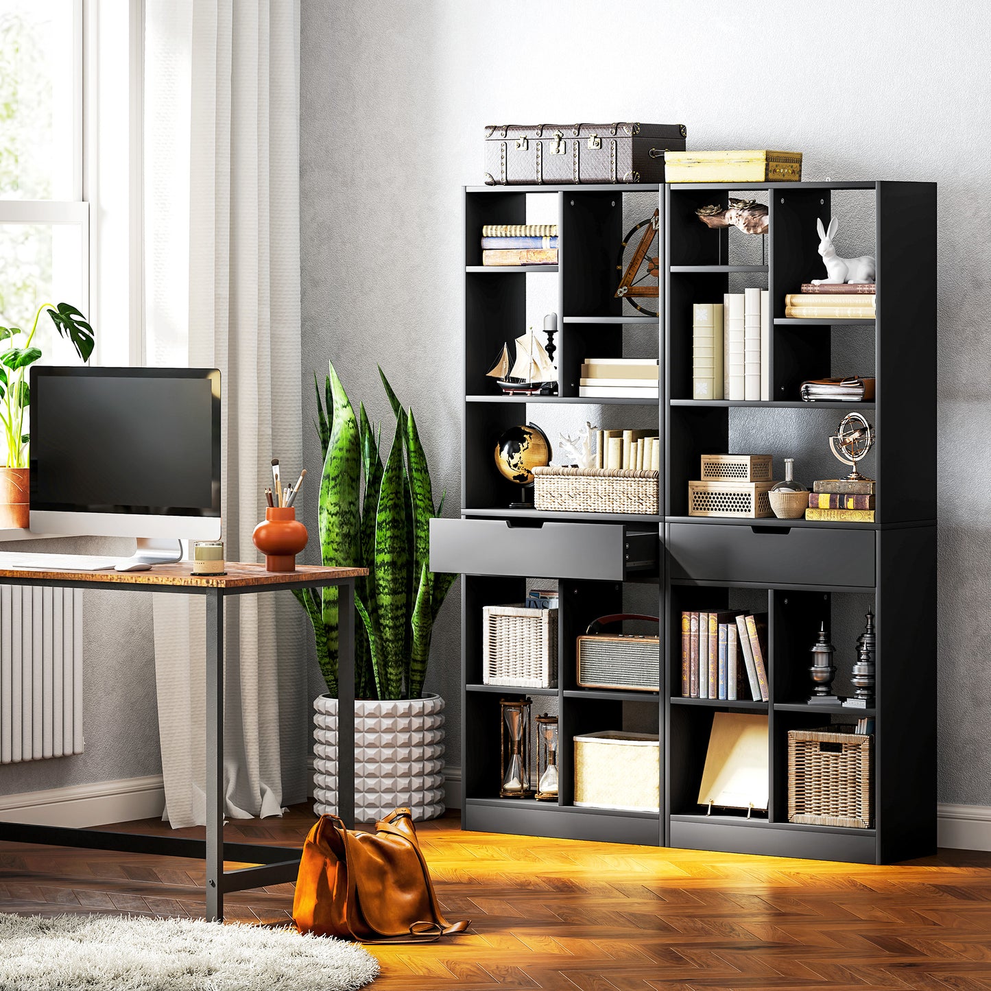 Farama Kedo Metal And Wood Black Tall Freestanding Bookcase With Drawer Storage