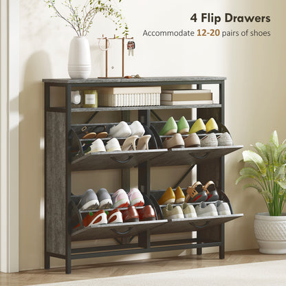 Verala Wooden Cement Effect Grey Shoe Cabinet With 4 Flip Drawers And Shelf