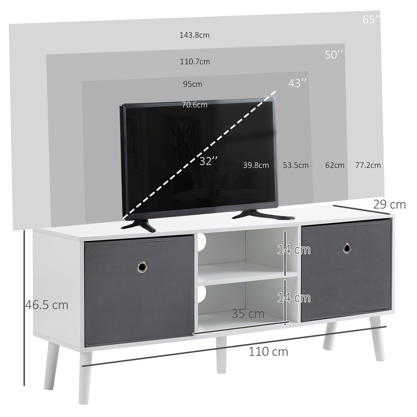 Nirona 110cm Wooden White TV Storage Cabinet With Grey Fabric Fold Down Drawers For Screens Up To 50 Inches