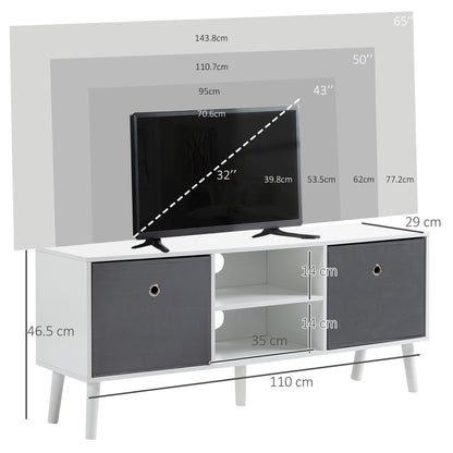 Nirona 110cm Wooden White TV Storage Cabinet With Grey Fabric Fold Down Drawers For Screens Up To 50 Inches