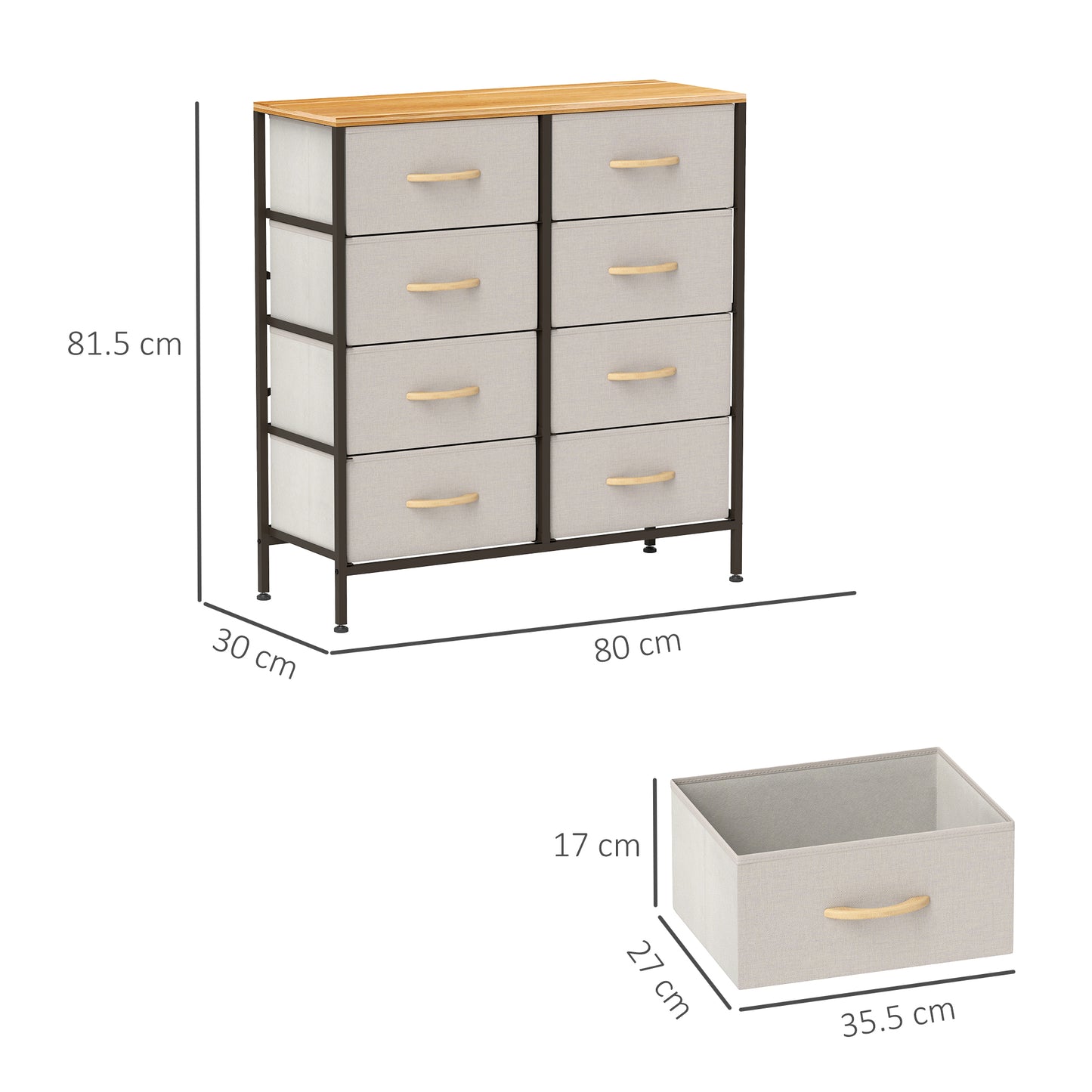 Neyo Metal And Fabric Cream White 8 Drawer Industrial Storage Dresser With Steel Frame