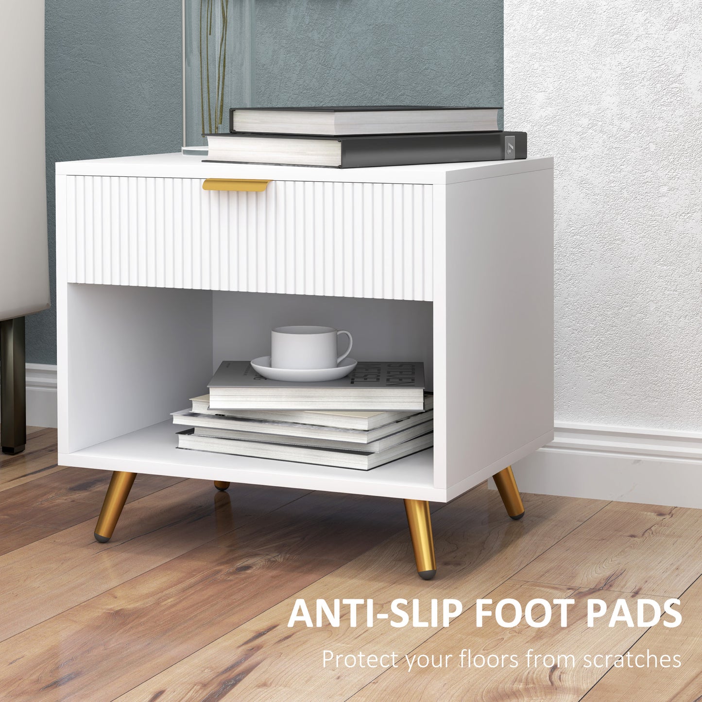 Sedora Vela White And Gold Tone Elegant Bedside Table With Ribbed Drawer And Shelf