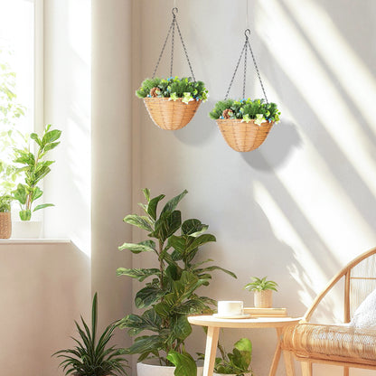 Kabane Set Of 2 Hanging Artificial Lisianthus Floral Baskets With Pinecone Detail Green