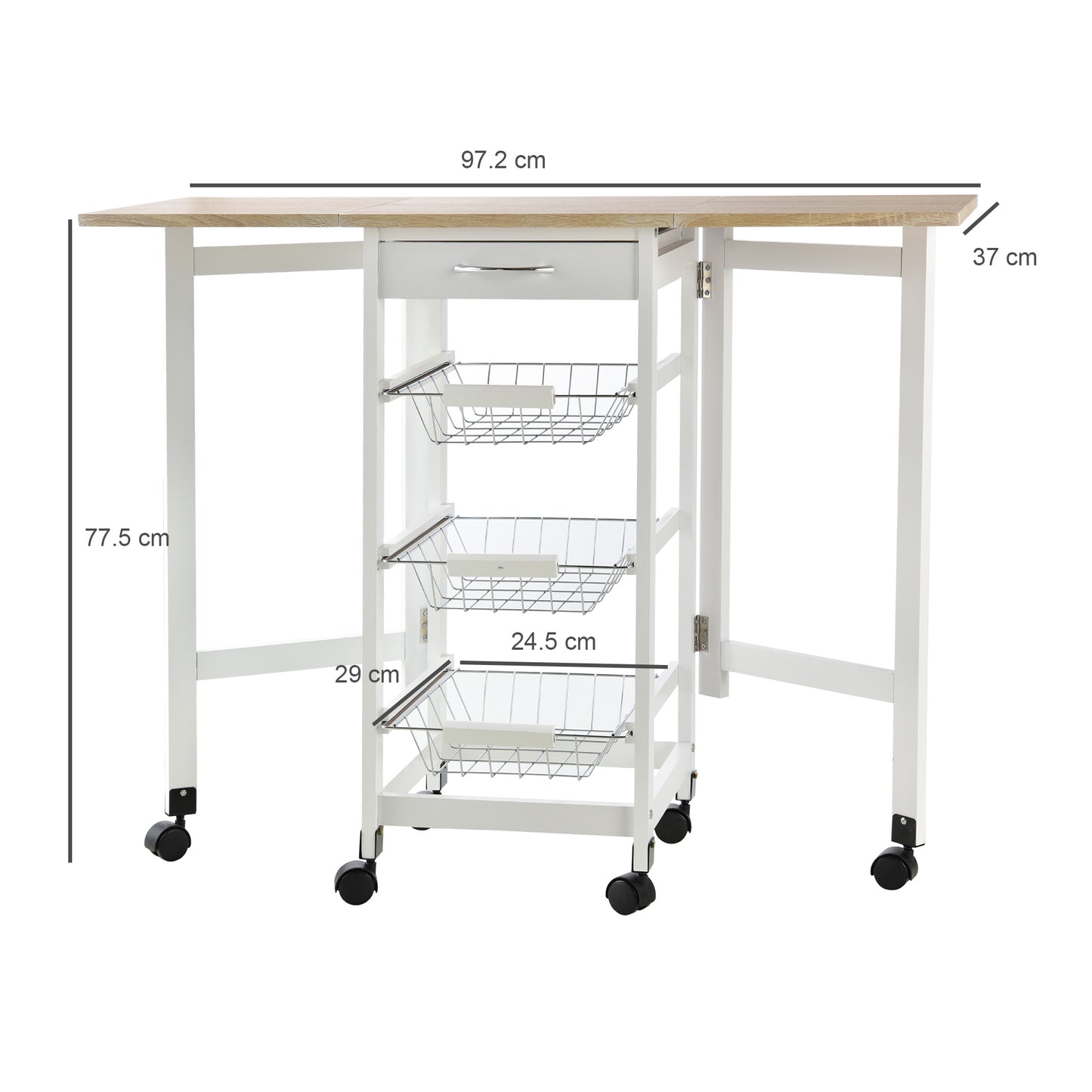 Ziha Wooden White Oak Tone Drop Leaf Kitchen Trolley With Baskets And Wheels