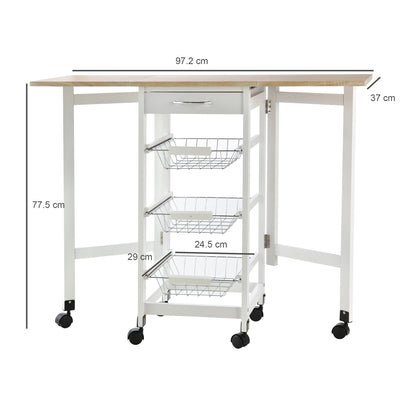 Ziha Wooden White Oak Tone Drop Leaf Kitchen Trolley With Baskets And Wheels