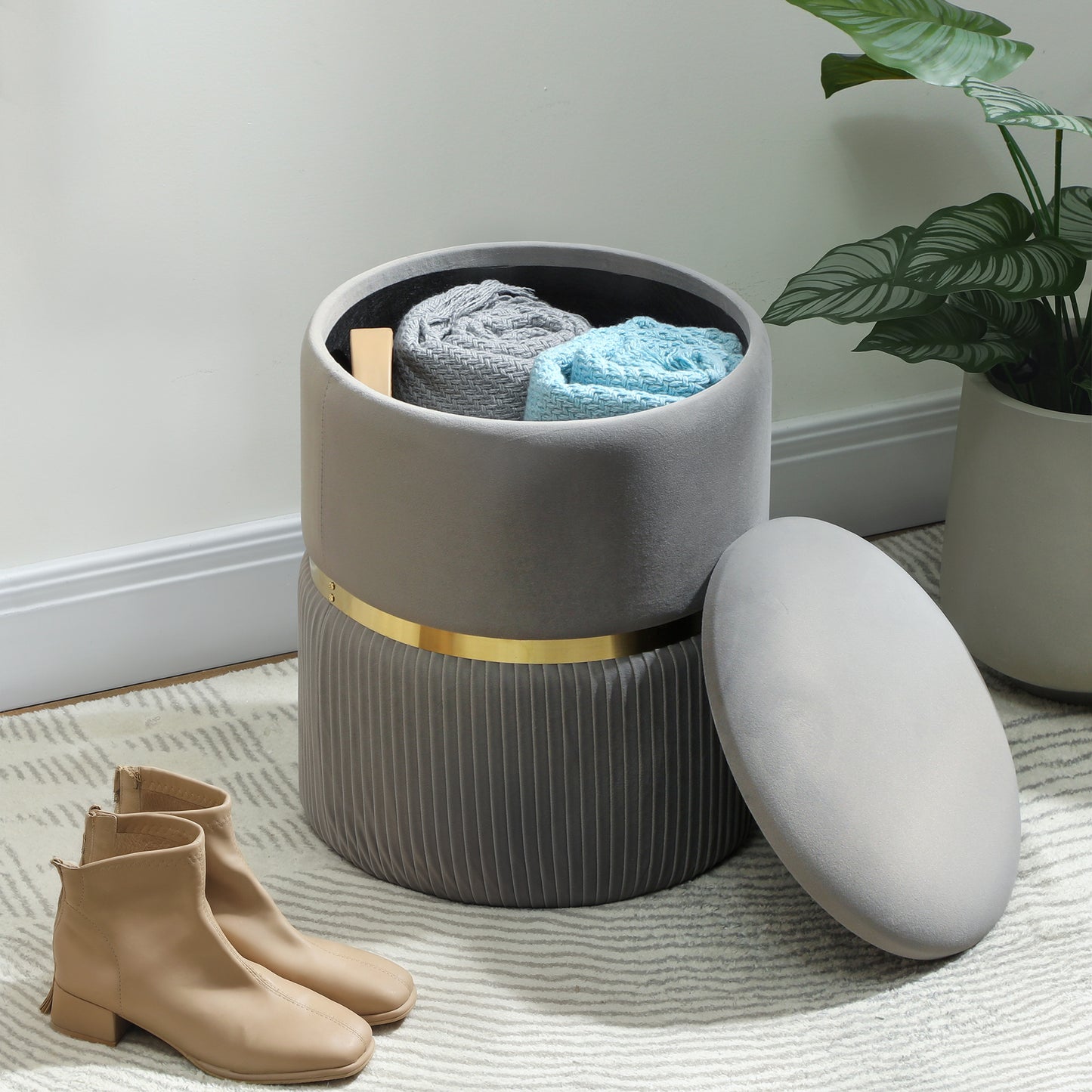 Rivera Velvet Light Grey Ribbed Storage Ottoman Gold Accent