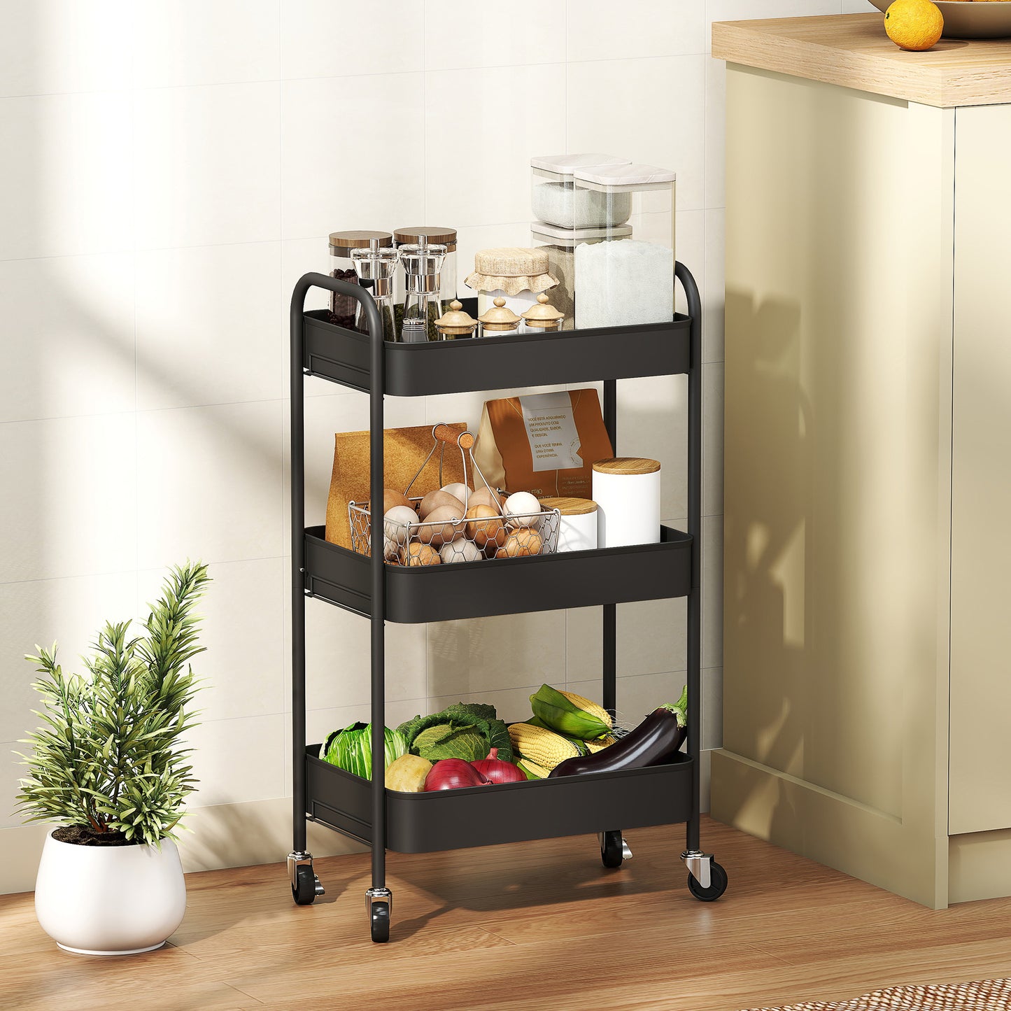 Varafi Metal Black 3 Tier Steel Storage Trolley With Wheels