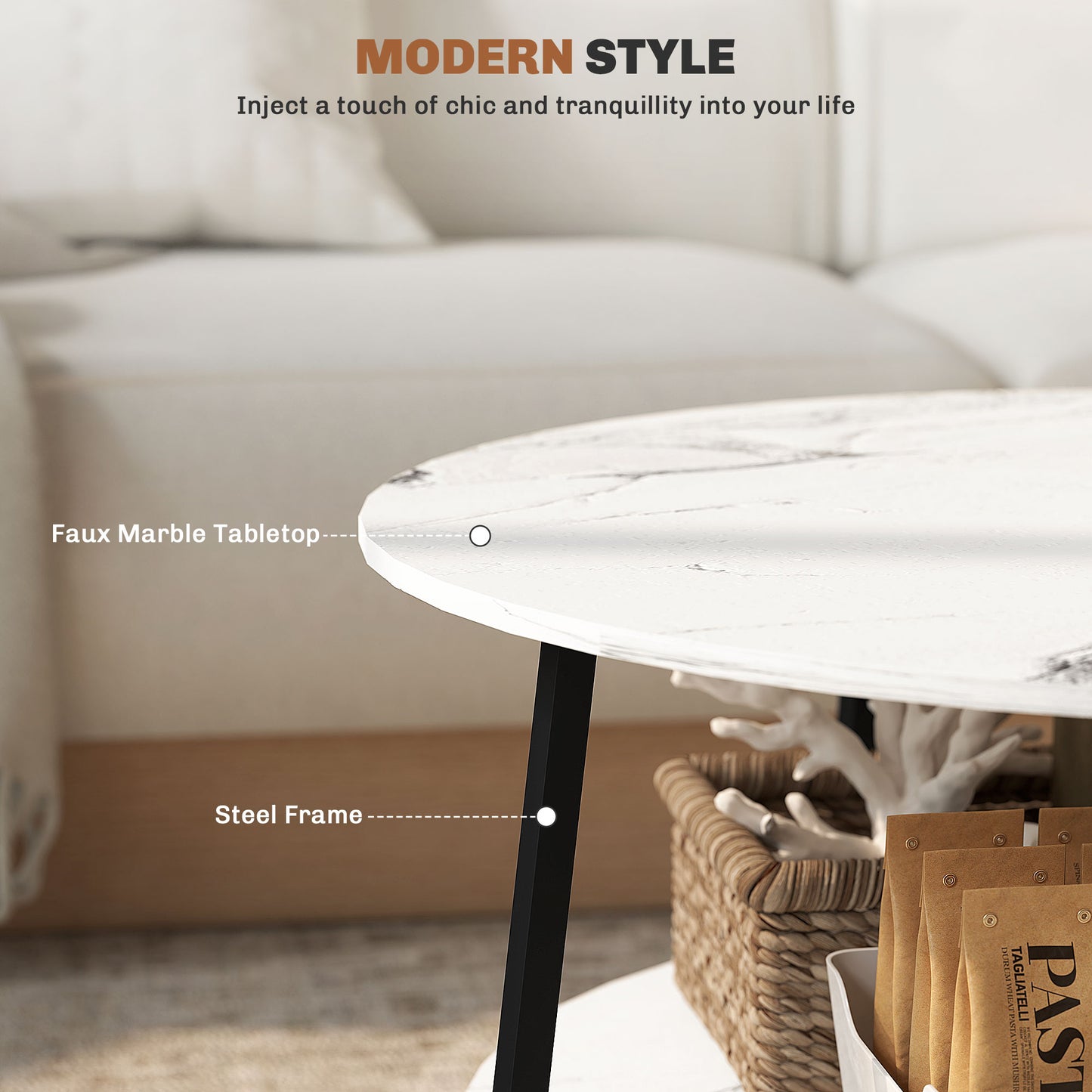 Masoso Wooden White And Black 2 Tier Marble Effect Coffee Table