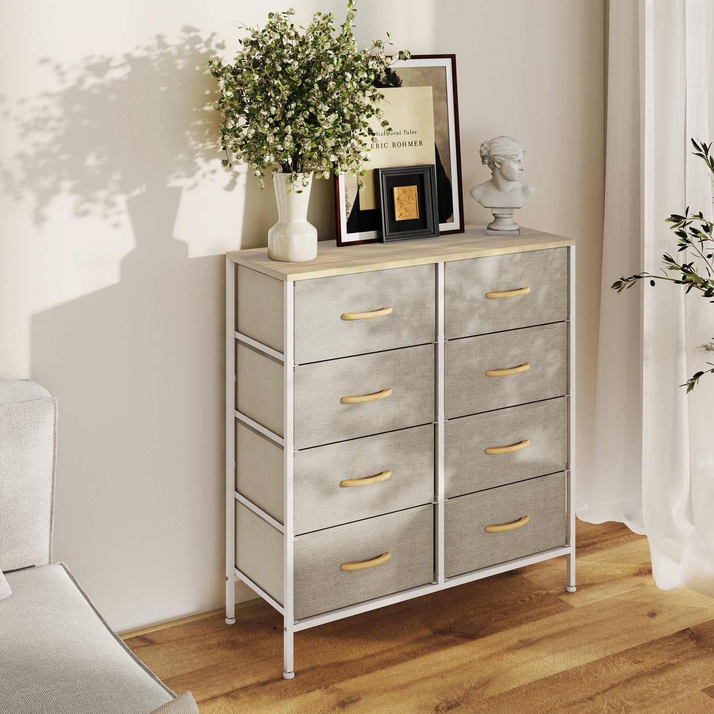 Panora Metal And Fabric Maple Wood Effect 8 Drawer Industrial Storage Dresser