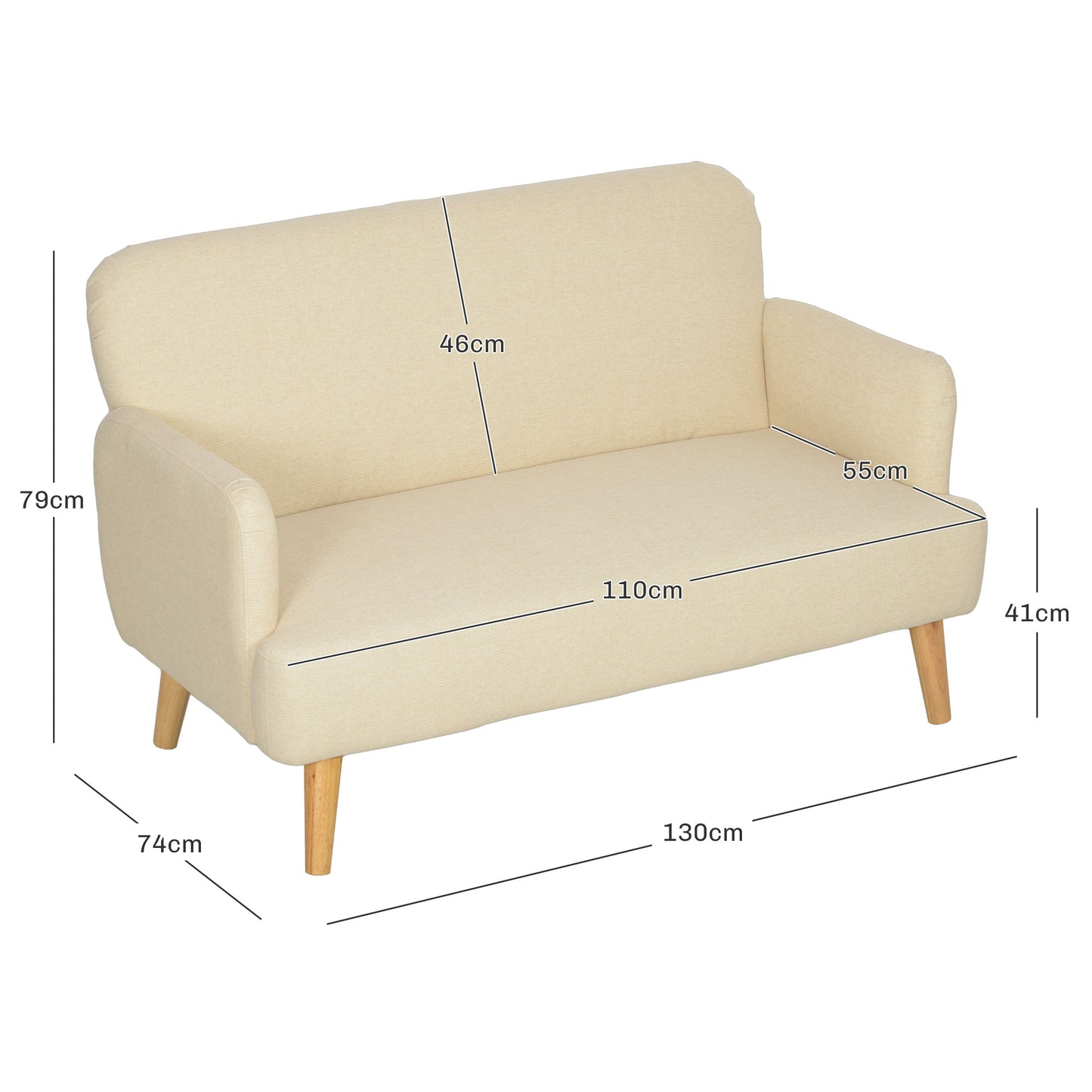 Zipato Velvet Cream Compact 2 Seater Sofa With Extra Thick Padding And Wooden Legs