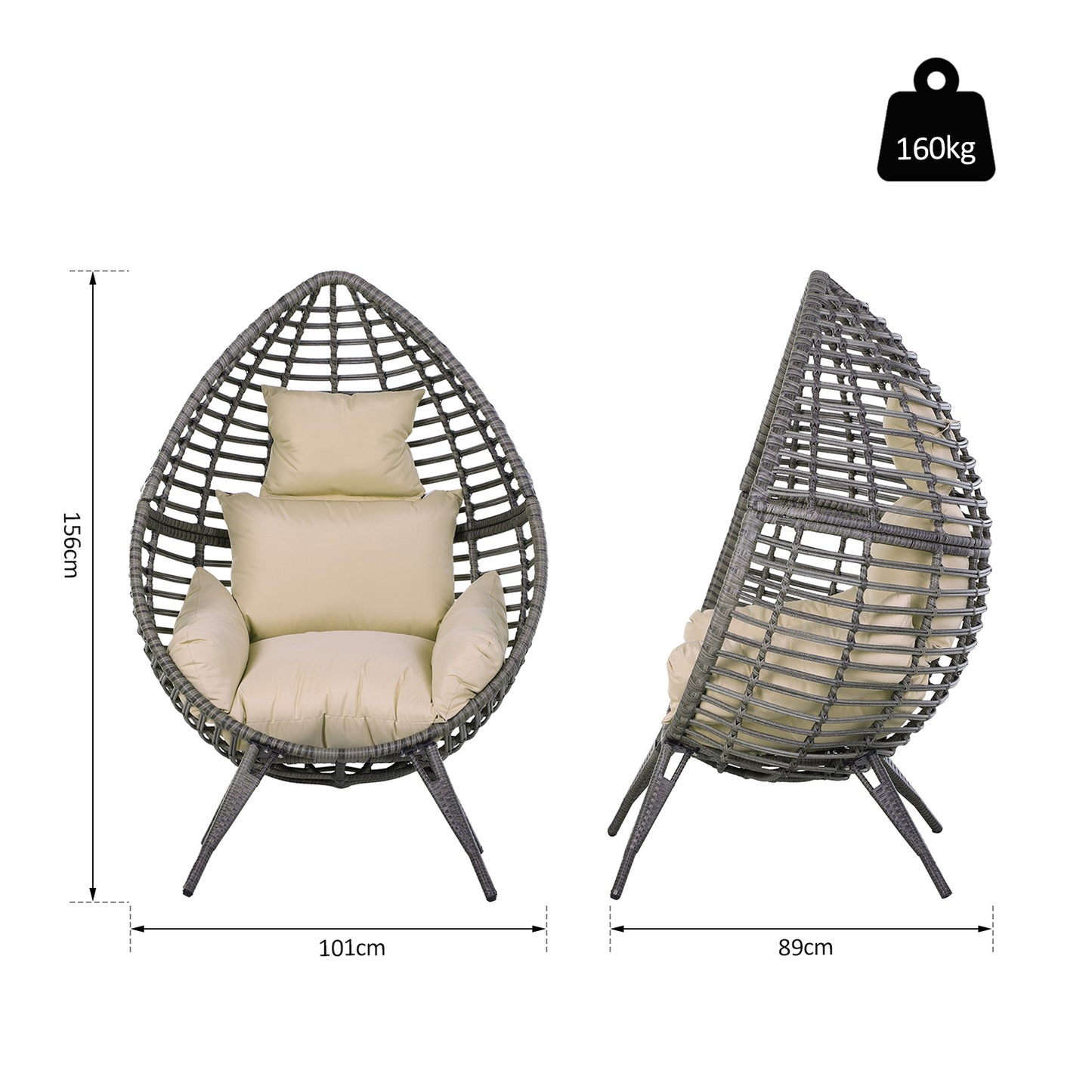 Elpale Grey Rattan Teardrop Egg Chair With Cream Cushion
