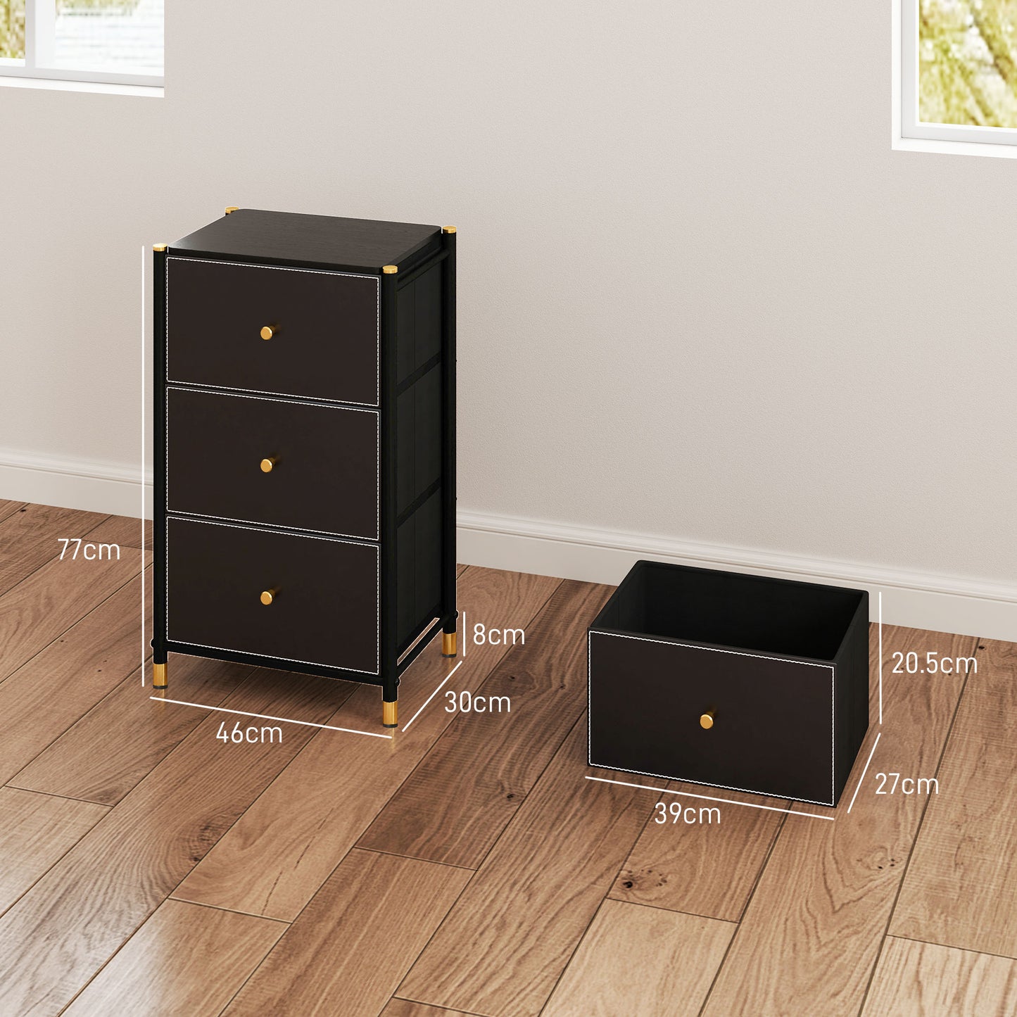 Ditari Faux Leather Black 3 Drawer Front Panel Storage Chest