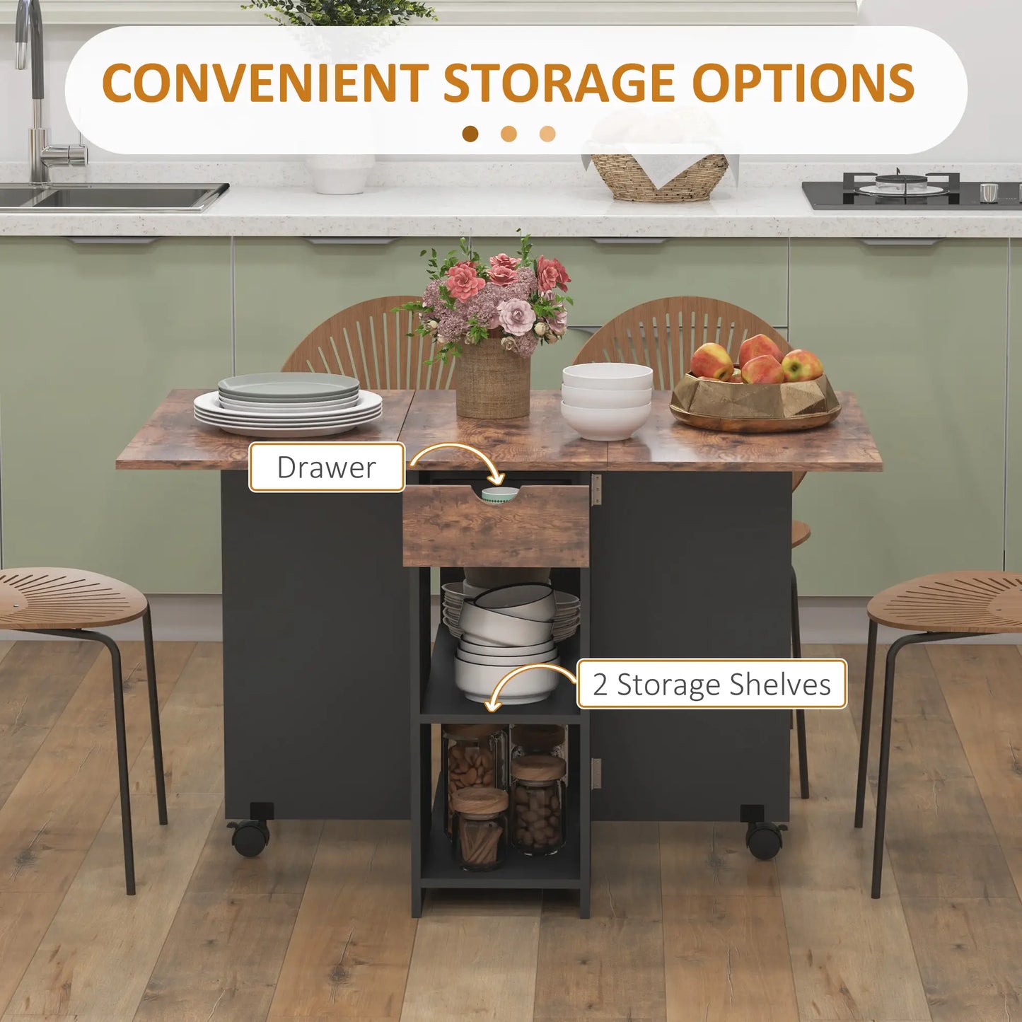 Barretti Wooden Rustic Brown Folding Drop Leaf Dining Table With Drawer And Storage Shelves