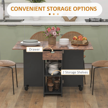 Barretti Wooden Rustic Brown Folding Drop Leaf Dining Table With Drawer And Storage Shelves