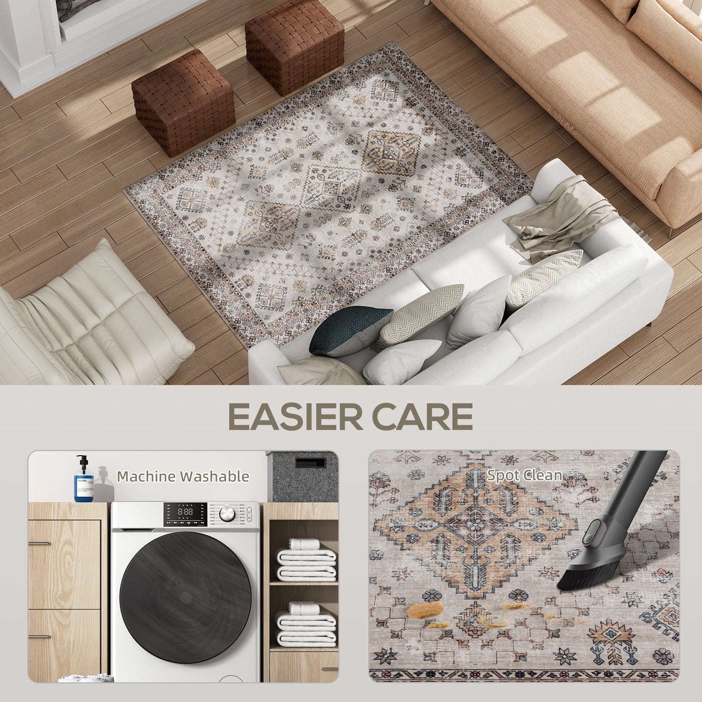 Kefado 170 x 120cm Polyester Beige Vintage Style Non Slip Washable Rug