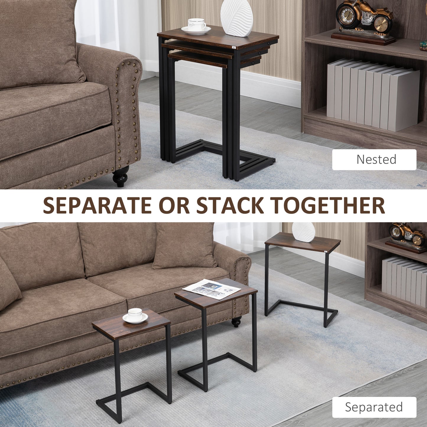 Supa Metal Rustic Brown Set Of 3 Nesting C ShaFauxd Side Tables With Steel Frame