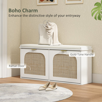 Hano Wooden White Boho Style Shoe Bench With Cushioned Seat And 2 Flip Drawers