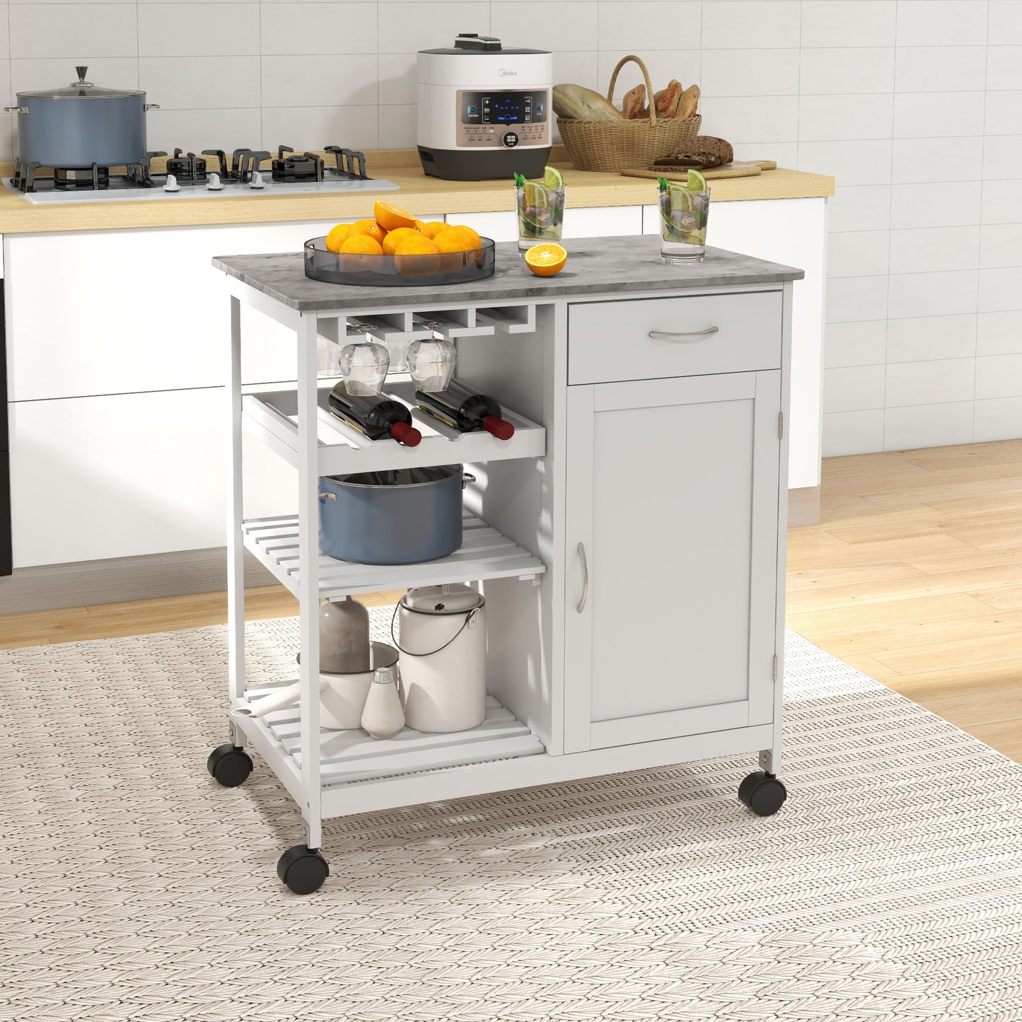 Sohavi Wooden White Compact Kitchen Trolley With Wine Rack Drawer And Open Shelving
