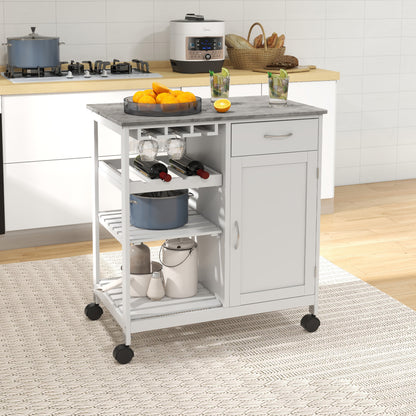 Sohavi Wooden White Compact Kitchen Trolley With Wine Rack Drawer And Open Shelving