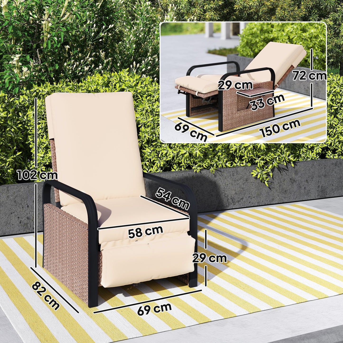 Ratenna Brown Rattan Cream Cushion Reclining Outdoor Armchair