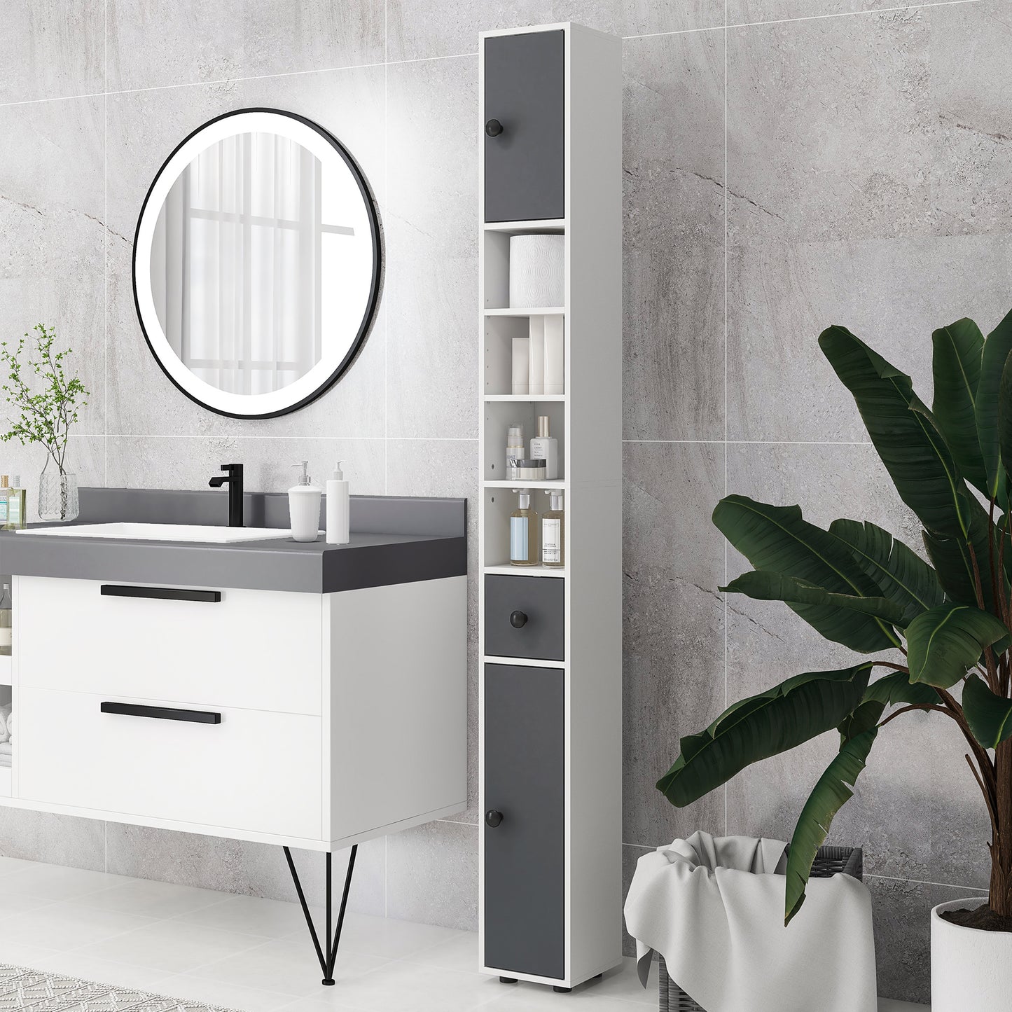 Fidire Tall Slim Grey Bathroom Storage Cabinet With Drawers Shelves And Cupboards