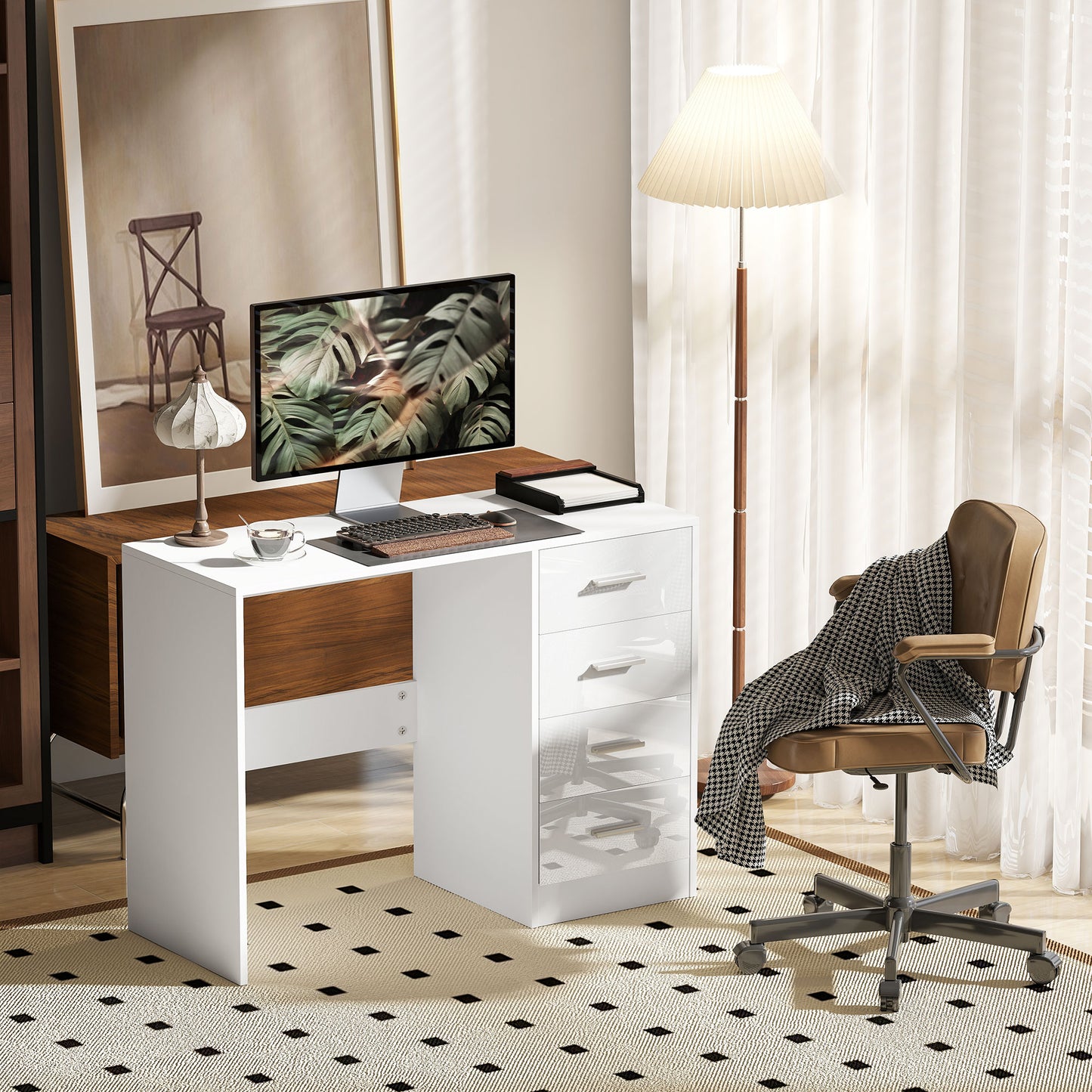 Reka 98cm High Gloss White Desk 4 Drawers For Home Office