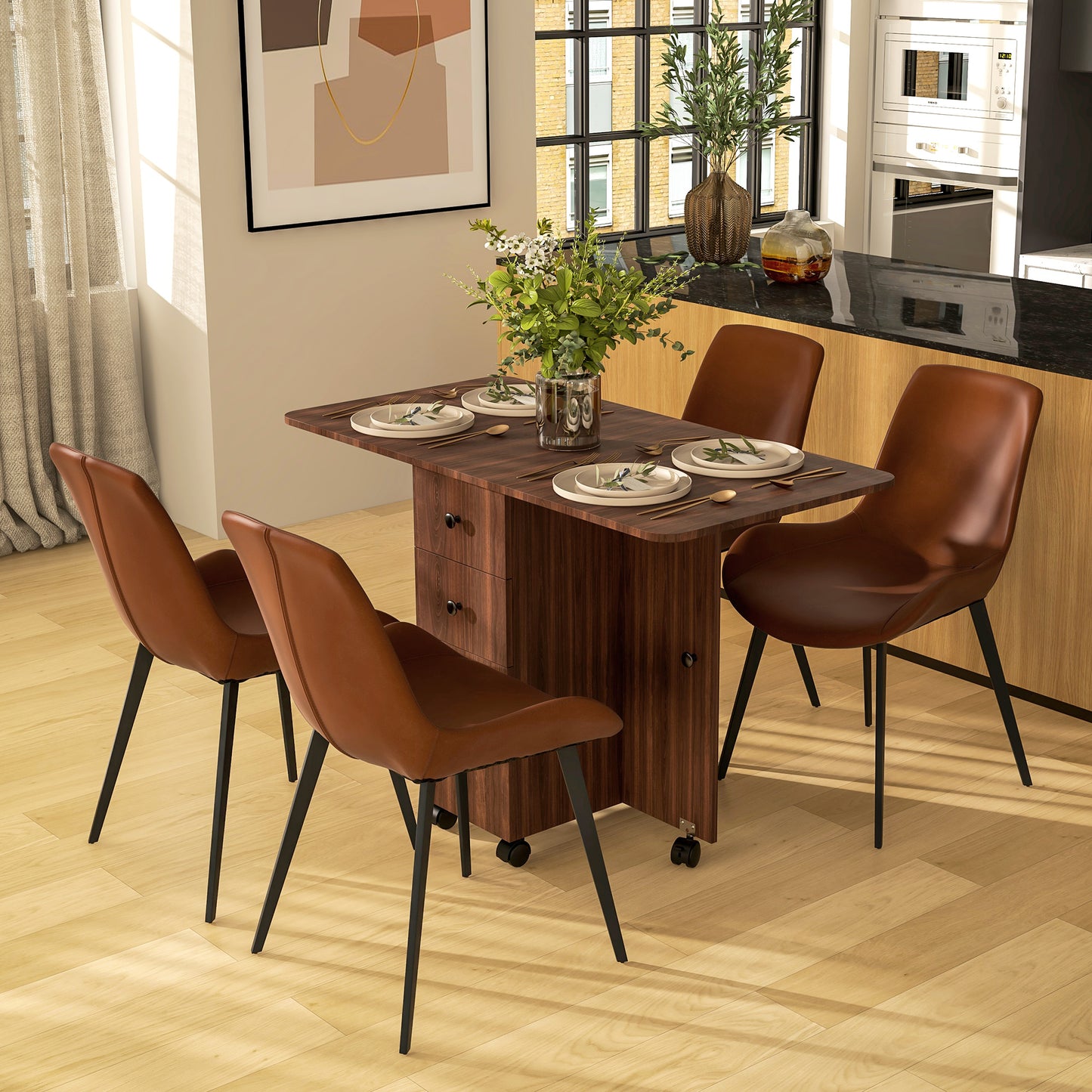 Difive Wooden Distressed Brown Drop Leaf Dining Table With Storage Seating 6
