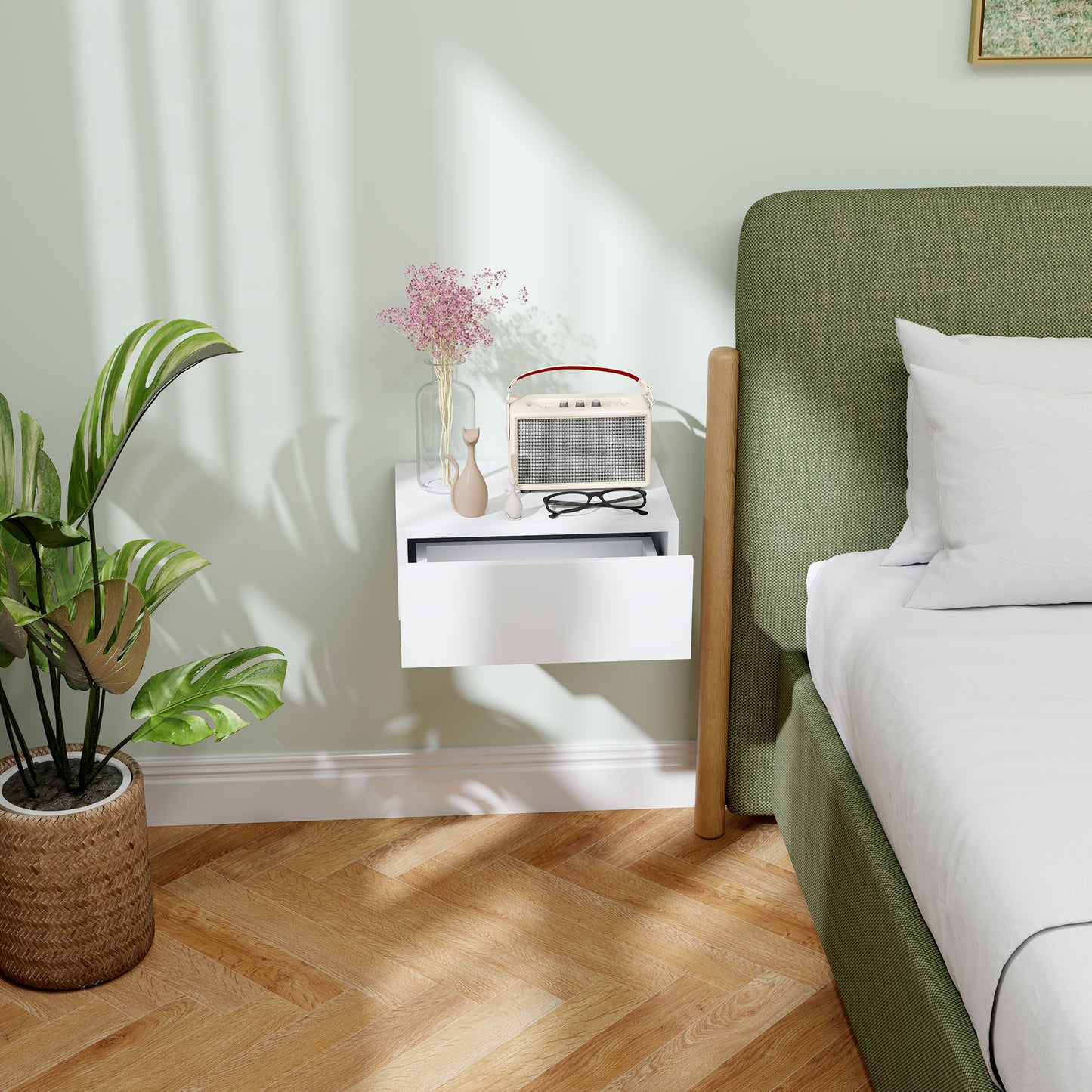 Sosa White Wall Mounted Floating Bedside Table With Storage Drawer