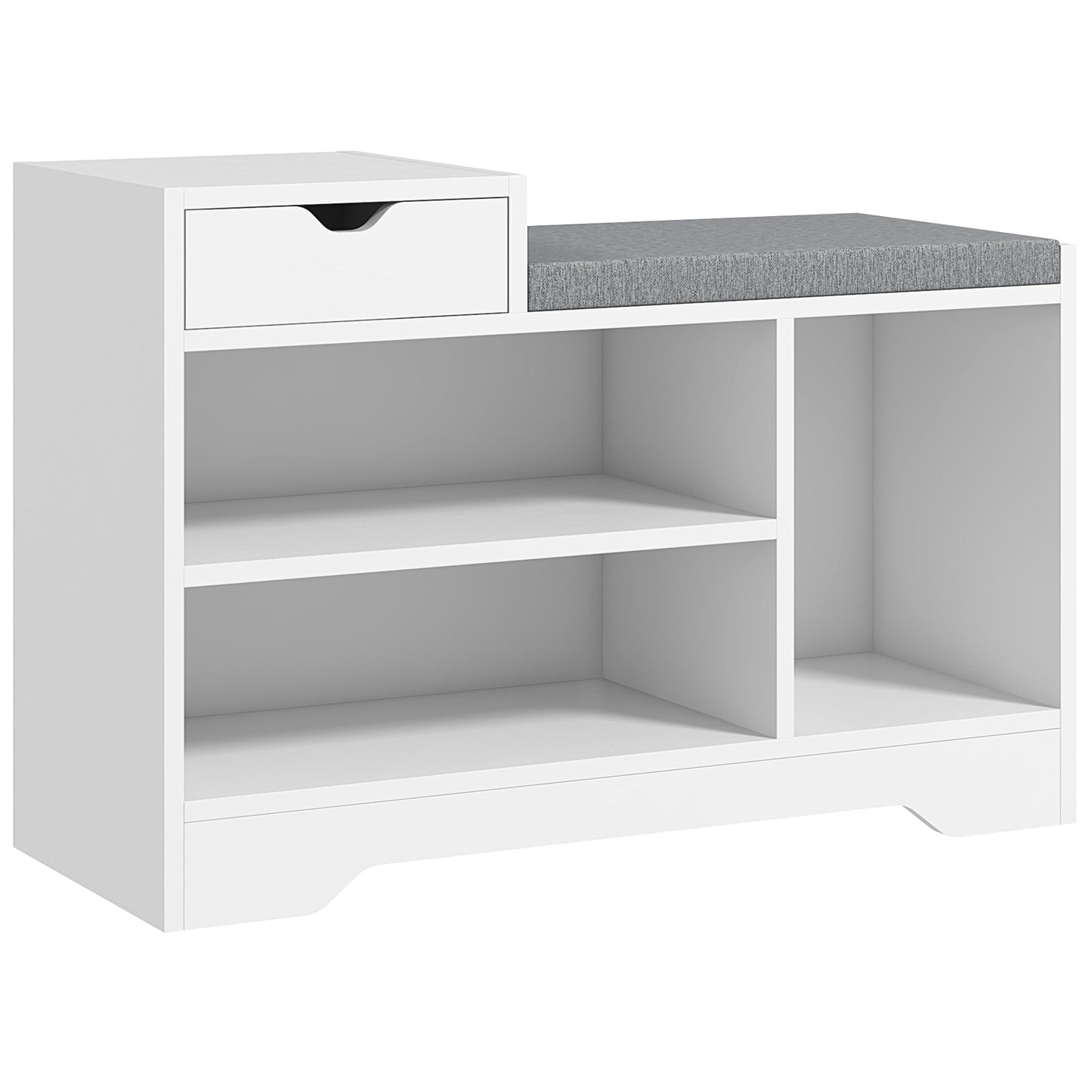 Norata Wooden White Multi Compartment Shoe Bench With Grey Cushioned Seat