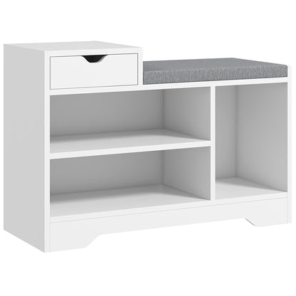 Norata Wooden White Multi Compartment Shoe Bench With Grey Cushioned Seat