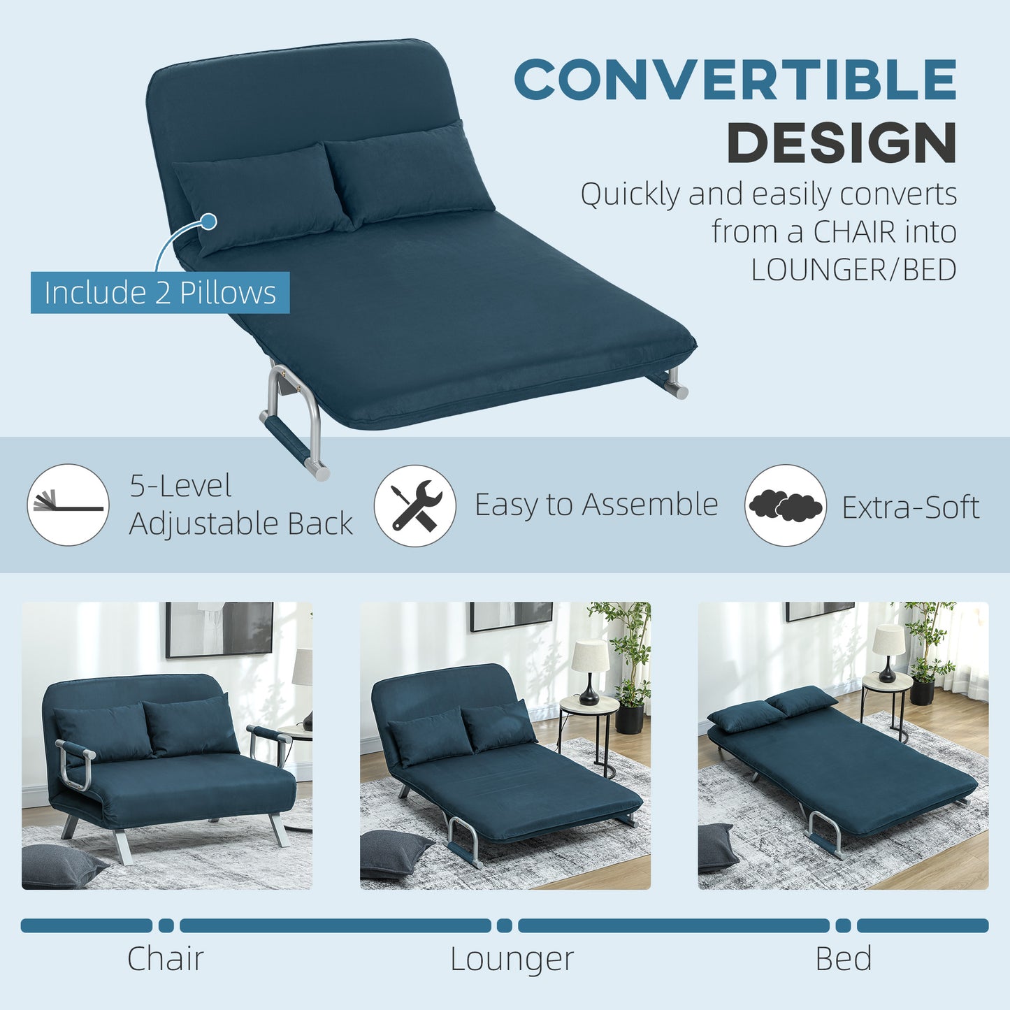 Keha Fabric Navy Blue 2 Seater Click Clack Sofa Bed