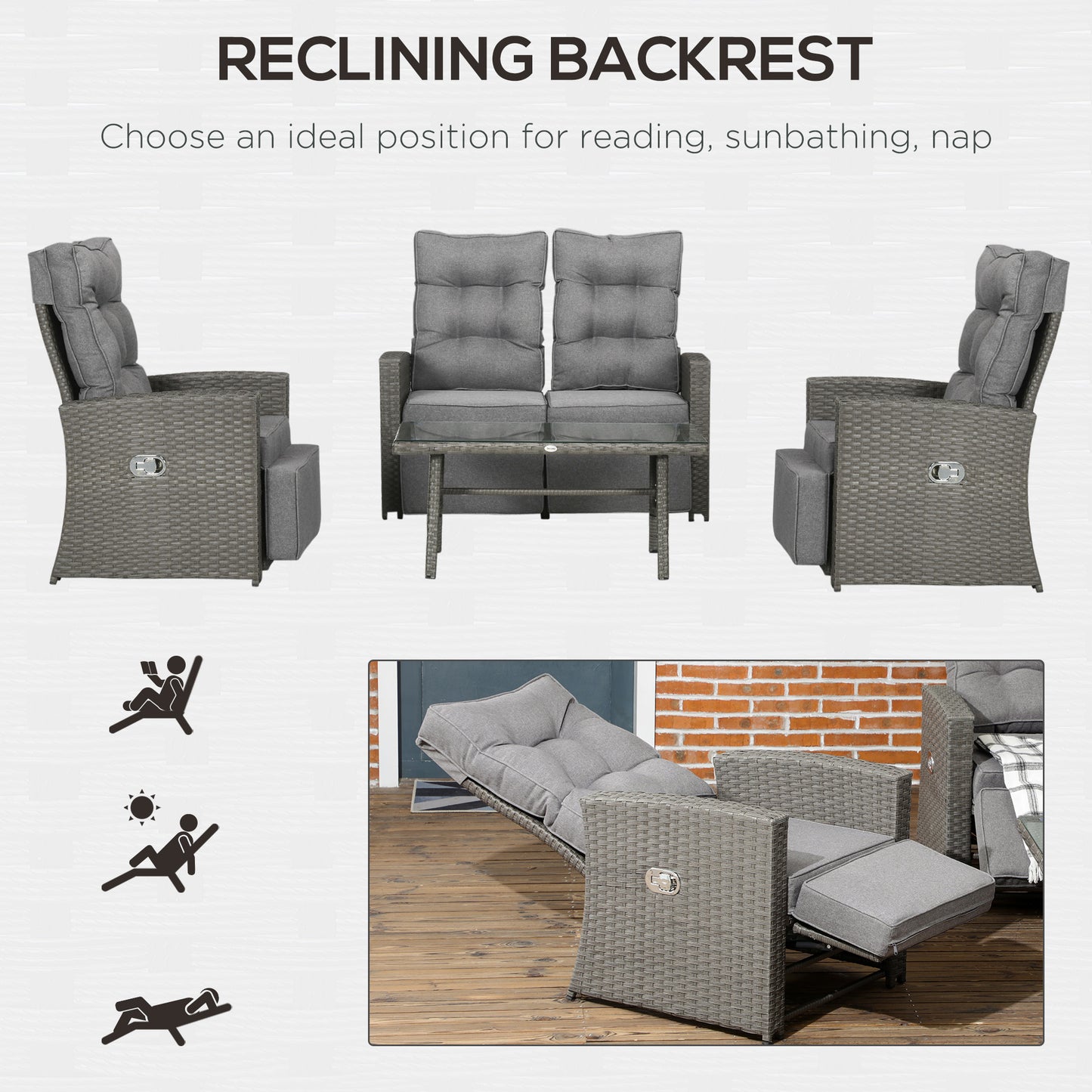 Rayo Grey Rattan 4 Seater Outdoor Sofa Set With Glass Top Table