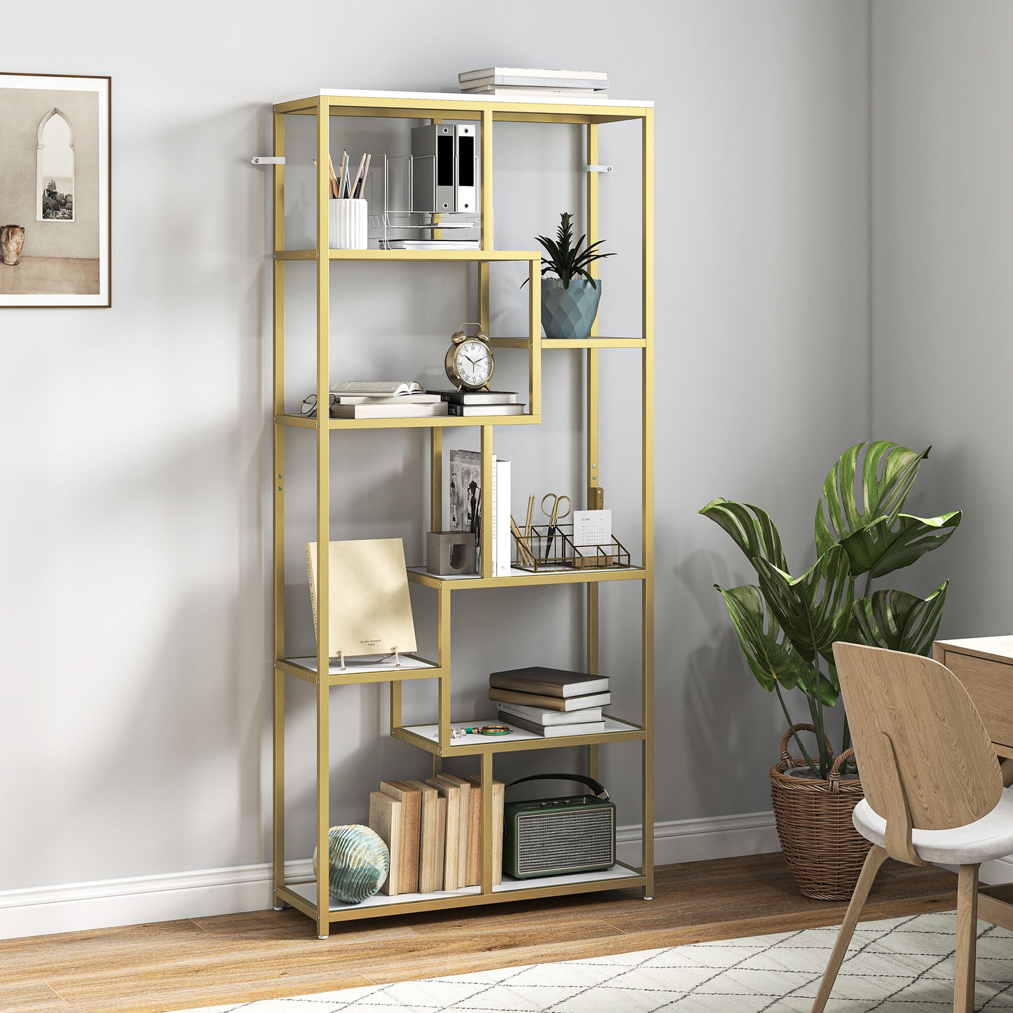 Lolaha Wood And Metal White And Gold Tone 7 Tier Geometric Display Bookcase