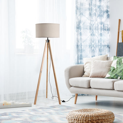 Tare Natural Wood And Fabric Beige Elegant Tripod Floor Lamp
