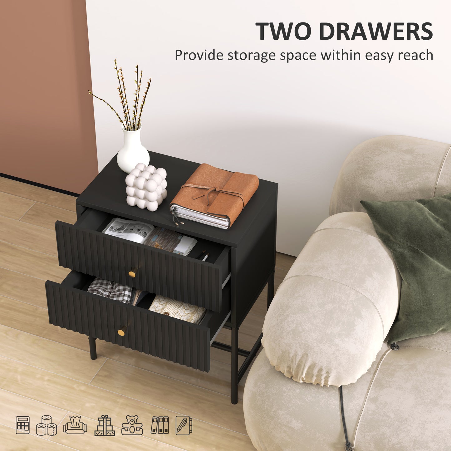 Nafico Black and Gold Elegant 2 Drawer Ribbed  Bedside Table