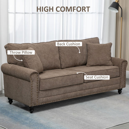 Soleka Fabric Brown 3 Seater Sofa With Rubberwood Legs Nail Head Trim And 2 Cushions